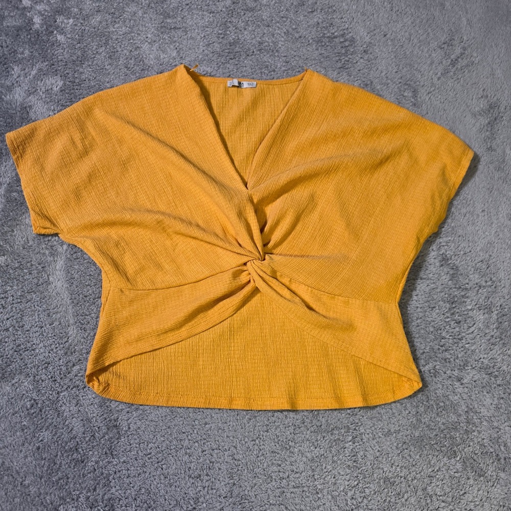 Zara Womens Medium Blouse Mustard Yellow Twist Front V-Neck Textured Short Sleev